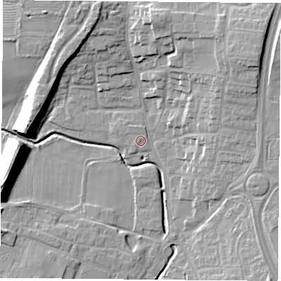 Shaded relief map of the ground around LE86LR, computed from Environment Agency LiDAR. The ground here sits at about 66 m above sea level and falls 16 m across the surrounding 800 m. Surface water reaching this point runs off ground lying to the north-east, 10.2 m higher.