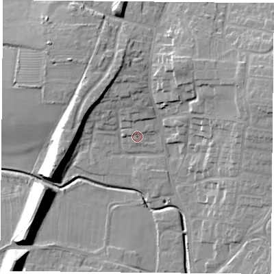 Shaded relief map of the ground around LE86NP, computed from Environment Agency LiDAR. The ground here sits at about 67 m above sea level and falls 16 m across the surrounding 800 m. Surface water reaching this point runs off ground lying to the west-north-west, 1.1 m higher.