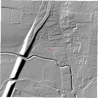 Shaded relief map of the ground around LE86NQ, computed from Environment Agency LiDAR. The ground here sits at about 66 m above sea level and falls 17 m across the surrounding 800 m. Surface water reaching this point runs off ground lying to the north-north-west, 1.5 m higher.