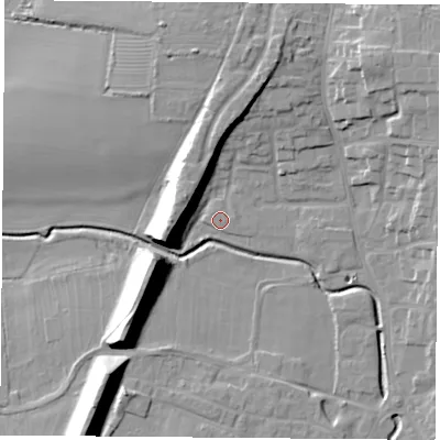 Shaded relief map of the ground around LE86NX, computed from Environment Agency LiDAR. The ground here sits at about 66 m above sea level and falls 17 m across the surrounding 800 m. Surface water reaching this point runs off ground lying to the north-north-east, 9.4 m higher.