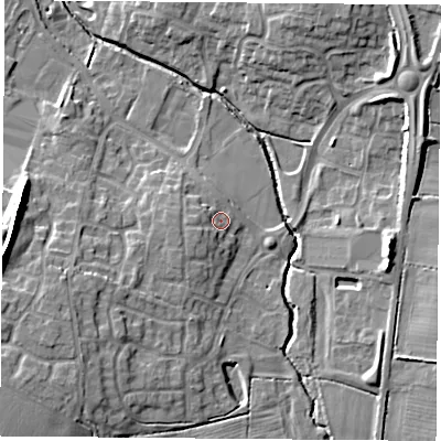 Shaded relief map of the ground around LE86QT, computed from Environment Agency LiDAR. The ground here sits at about 71 m above sea level and falls 14 m across the surrounding 800 m. Surface water reaching this point runs off ground lying to the west-south-west, 2.5 m higher.
