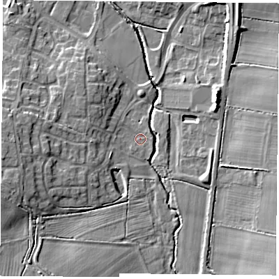 Shaded relief map of the ground around LE86QX, computed from Environment Agency LiDAR. The ground here sits at about 71 m above sea level and falls 10 m across the surrounding 800 m. Surface water reaching this point runs off ground lying to the west, 6.5 m higher.