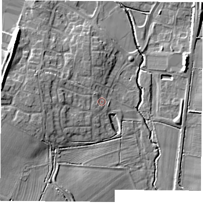 Shaded relief map of the ground around LE86QZ, computed from Environment Agency LiDAR. The ground here sits at about 72 m above sea level and falls 14 m across the surrounding 800 m. Surface water reaching this point runs off ground lying to the west, 5.4 m higher.