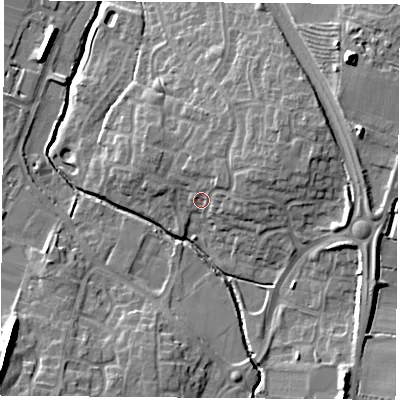 Shaded relief map of the ground around LE86ZN, computed from Environment Agency LiDAR. The ground here sits at about 71 m above sea level and falls 15 m across the surrounding 800 m. Surface water reaching this point runs off ground lying to the east-north-east, 5.1 m higher.