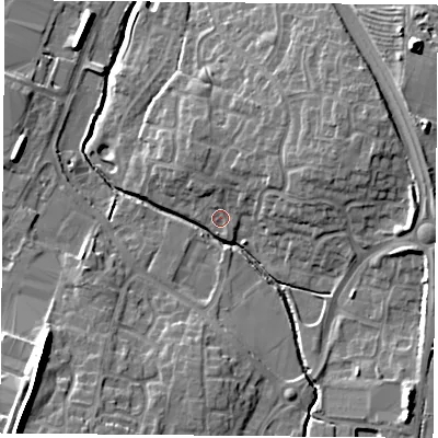 Shaded relief map of the ground around LE86ZW, computed from Environment Agency LiDAR. The ground here sits at about 70 m above sea level and falls 16 m across the surrounding 800 m. Surface water reaching this point runs off ground lying to the north-north-west, 3.0 m higher.