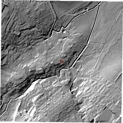 Shaded relief map of the ground around LE88AJ, computed from Environment Agency LiDAR. The ground here sits at about 106 m above sea level and falls 18 m across the surrounding 800 m. Surface water reaching this point runs off ground lying to the west-north-west, 1.9 m higher.