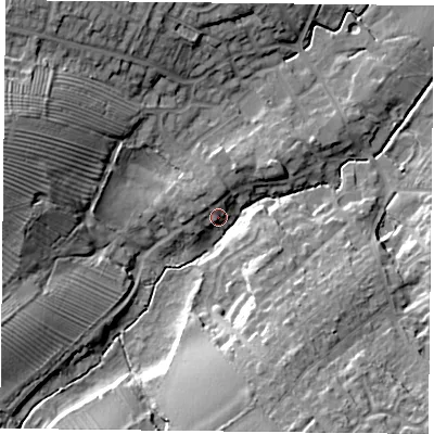 Shaded relief map of the ground around LE88AN, computed from Environment Agency LiDAR. The ground here sits at about 107 m above sea level and falls 20 m across the surrounding 800 m. Surface water reaching this point runs off ground lying to the west-north-west, 4.1 m higher.