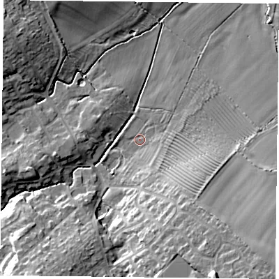 Shaded relief map of the ground around LE88EP, computed from Environment Agency LiDAR. The ground here sits at about 103 m above sea level and falls 20 m across the surrounding 800 m. Surface water reaching this point runs off ground lying to the south-south-east, 6.7 m higher.