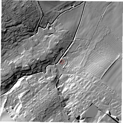 Shaded relief map of the ground around LE88EQ, computed from Environment Agency LiDAR. The ground here sits at about 103 m above sea level and falls 22 m across the surrounding 800 m. Surface water reaching this point runs off ground lying to the south-east, 18.6 m higher.