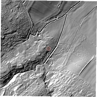 Shaded relief map of the ground around LE88ER, computed from Environment Agency LiDAR. The ground here sits at about 104 m above sea level and falls 16 m across the surrounding 800 m. Surface water reaching this point runs off ground lying to the west, 2.5 m higher.