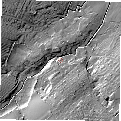 Shaded relief map of the ground around LE88LL, computed from Environment Agency LiDAR. The ground here sits at about 106 m above sea level and falls 18 m across the surrounding 800 m. Surface water reaching this point runs off ground lying to the south, 14.3 m higher.