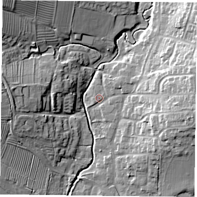 Shaded relief map of the ground around LE89AP, computed from Environment Agency LiDAR. The ground here sits at about 96 m above sea level and falls 21 m across the surrounding 800 m. Surface water reaching this point runs off ground lying to the east, 16.8 m higher.