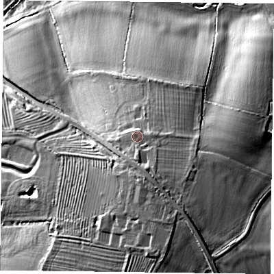 Shaded relief map of the ground around LE89DJ, computed from Environment Agency LiDAR. The ground here sits at about 124 m above sea level and falls 33 m across the surrounding 800 m. Surface water reaching this point runs off ground lying to the south, 2.8 m higher.