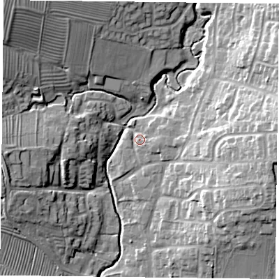 Shaded relief map of the ground around LE89FA, computed from Environment Agency LiDAR. The ground here sits at about 96 m above sea level and falls 22 m across the surrounding 800 m. Surface water reaching this point runs off ground lying to the east-south-east, 2.9 m higher.