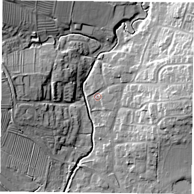 Shaded relief map of the ground around LE89FE, computed from Environment Agency LiDAR. The ground here sits at about 95 m above sea level and falls 20 m across the surrounding 800 m. Surface water reaching this point runs off ground lying to the east, 16.8 m higher.