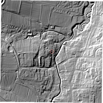 Shaded relief map of the ground around LE89FJ, computed from Environment Agency LiDAR. The ground here sits at about 99 m above sea level and falls 27 m across the surrounding 800 m. Surface water reaching this point runs off ground lying to the west, 6.2 m higher.