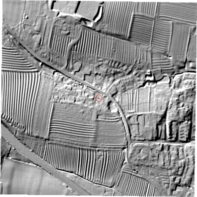 Shaded relief map of the ground around LE89FL, computed from Environment Agency LiDAR. The ground here sits at about 111 m above sea level and falls 32 m across the surrounding 800 m. Surface water reaching this point runs off ground lying to the north-west, 16.1 m higher.