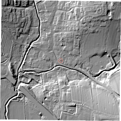 Shaded relief map of the ground around LE89GF, computed from Environment Agency LiDAR. The ground here sits at about 96 m above sea level and falls 22 m across the surrounding 800 m. Surface water reaching this point runs off ground lying to the north-east, 17.7 m higher.