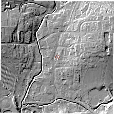 Shaded relief map of the ground around LE89GG, computed from Environment Agency LiDAR. The ground here sits at about 96 m above sea level and falls 23 m across the surrounding 800 m. Surface water reaching this point runs off ground lying to the east-north-east, 16.2 m higher.