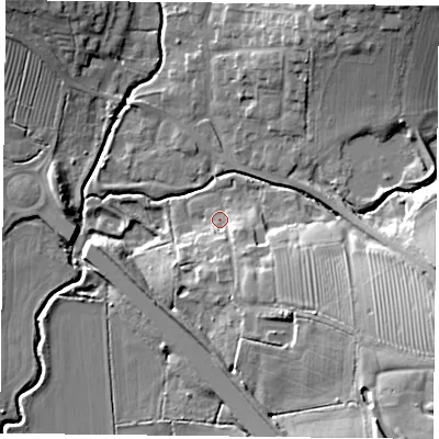 Shaded relief map of the ground around LE89GJ, computed from Environment Agency LiDAR. The ground here sits at about 96 m above sea level and falls 22 m across the surrounding 800 m. Surface water reaching this point runs off ground lying to the south-south-east, 8.3 m higher.