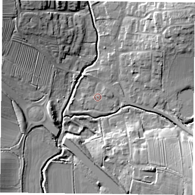 Shaded relief map of the ground around LE89GQ, computed from Environment Agency LiDAR. The ground here sits at about 95 m above sea level and falls 19 m across the surrounding 800 m. Surface water reaching this point runs off ground lying to the east-north-east, 1.3 m higher.