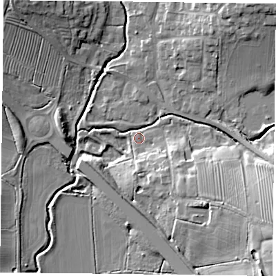 Shaded relief map of the ground around LE89HA, computed from Environment Agency LiDAR. The ground here sits at about 95 m above sea level and falls 20 m across the surrounding 800 m. Surface water reaching this point runs off ground lying to the east-south-east, 16.9 m higher.