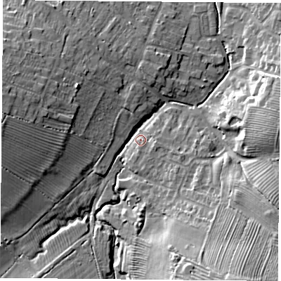 Shaded relief map of the ground around LE91RB, computed from Environment Agency LiDAR. The ground here sits at about 75 m above sea level and falls 18 m across the surrounding 800 m. Surface water reaching this point runs off ground lying to the south-east, 4.5 m higher.