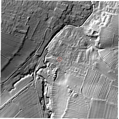 Shaded relief map of the ground around LE91RG, computed from Environment Agency LiDAR. The ground here sits at about 76 m above sea level and falls 20 m across the surrounding 800 m. Surface water reaching this point runs off ground lying to the south-south-east, 13.4 m higher.