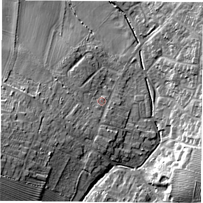Shaded relief map of the ground around LE91RL, computed from Environment Agency LiDAR. The ground here sits at about 76 m above sea level and falls 16 m across the surrounding 800 m. Surface water reaching this point runs off ground lying to the west-south-west, 11.0 m higher.