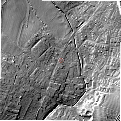 Shaded relief map of the ground around LE91RN, computed from Environment Agency LiDAR. The ground here sits at about 74 m above sea level and falls 19 m across the surrounding 800 m. Surface water reaching this point runs off ground lying to the south-west, 4.0 m higher.