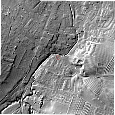 Shaded relief map of the ground around LE91RQ, computed from Environment Agency LiDAR. The ground here sits at about 74 m above sea level and falls 15 m across the surrounding 800 m. Surface water reaching this point runs off ground lying to the south, 11.5 m higher.