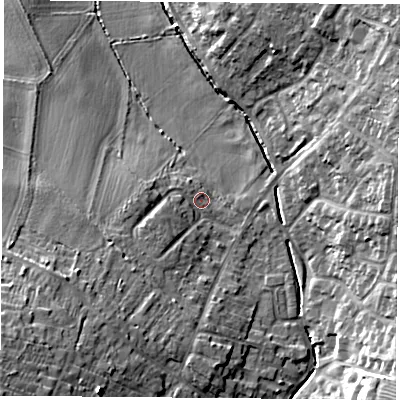 Shaded relief map of the ground around LE91RR, computed from Environment Agency LiDAR. The ground here sits at about 74 m above sea level and falls 17 m across the surrounding 800 m. Surface water reaching this point runs off ground lying to the south-west, 13.5 m higher.