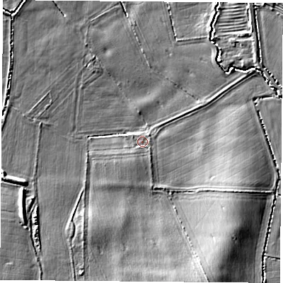 Shaded relief map of the ground around LE91TD, computed from Environment Agency LiDAR. The ground here sits at about 66 m above sea level and falls 9 m across the surrounding 800 m. Surface water reaching this point runs off ground lying to the south-south-west, 1.5 m higher.