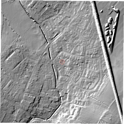 Shaded relief map of the ground around LE91TR, computed from Environment Agency LiDAR. The ground here sits at about 74 m above sea level and falls 22 m across the surrounding 800 m. Surface water reaching this point runs off ground lying to the east, 6.2 m higher.