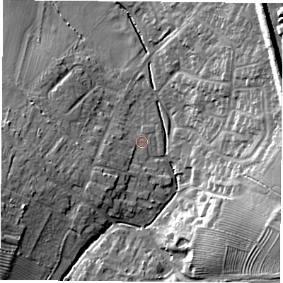 Shaded relief map of the ground around LE91TT, computed from Environment Agency LiDAR. The ground here sits at about 74 m above sea level and falls 19 m across the surrounding 800 m. Surface water reaching this point runs off ground lying to the west-south-west, 3.6 m higher.