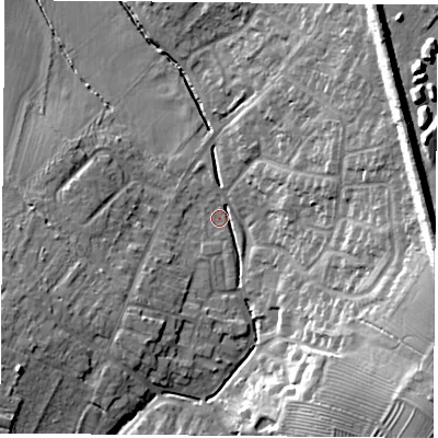Shaded relief map of the ground around LE91UD, computed from Environment Agency LiDAR. The ground here sits at about 73 m above sea level and falls 20 m across the surrounding 800 m. Surface water reaching this point runs off ground lying to the east, 18.5 m higher.
