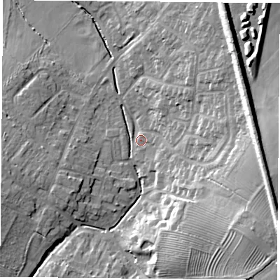 Shaded relief map of the ground around LE91UU, computed from Environment Agency LiDAR. The ground here sits at about 74 m above sea level and falls 21 m across the surrounding 800 m. Surface water reaching this point runs off ground lying to the east-south-east, 20.0 m higher.