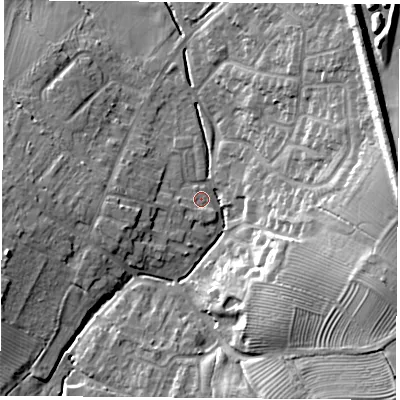 Shaded relief map of the ground around LE91UW, computed from Environment Agency LiDAR. The ground here sits at about 74 m above sea level and falls 20 m across the surrounding 800 m. Surface water reaching this point runs off ground lying to the east-south-east, 16.4 m higher.
