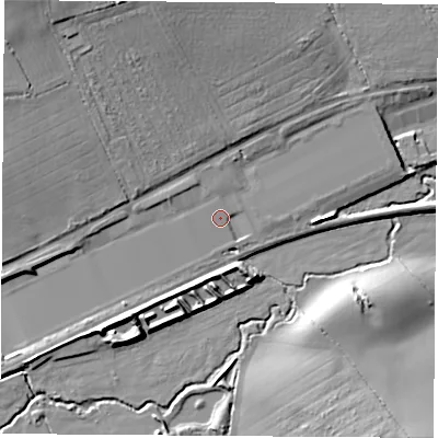 Shaded relief map of the ground around LE92BJ, computed from Environment Agency LiDAR. The ground here sits at about 84 m above sea level and falls 17 m across the surrounding 800 m. Surface water reaching this point runs off ground lying to the north-west, 13.6 m higher.