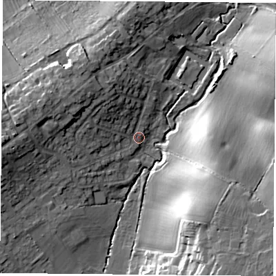 Shaded relief map of the ground around LE92DH, computed from Environment Agency LiDAR. The ground here sits at about 81 m above sea level and falls 25 m across the surrounding 800 m. Surface water reaching this point runs off ground lying to the west, 12.0 m higher.