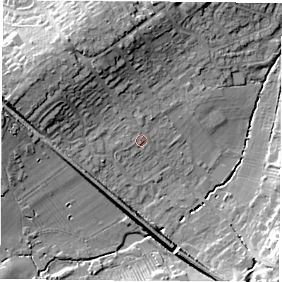 Shaded relief map of the ground around LE92EL, computed from Environment Agency LiDAR. The ground here sits at about 86 m above sea level and falls 18 m across the surrounding 800 m. Surface water reaching this point runs off ground lying to the west-north-west, 11.3 m higher.