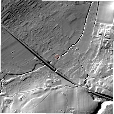 Shaded relief map of the ground around LE92EQ, computed from Environment Agency LiDAR. The ground here sits at about 83 m above sea level and falls 23 m across the surrounding 800 m. Surface water reaching this point runs off ground lying to the west-south-west, 2.7 m higher.