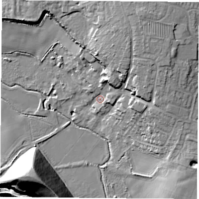 Shaded relief map of the ground around LE93AU, computed from Environment Agency LiDAR. The ground here sits at about 72 m above sea level and falls 48 m across the surrounding 800 m. Surface water reaching this point runs off ground lying to the north-north-east, 18.1 m higher.