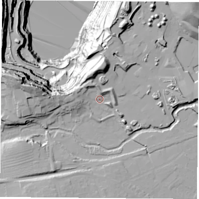 Shaded relief map of the ground around LE93EF, computed from Environment Agency LiDAR. The ground here sits at about 70 m above sea level and falls 152 m across the surrounding 800 m. Surface water reaching this point runs off ground lying to the west, 9.6 m higher.