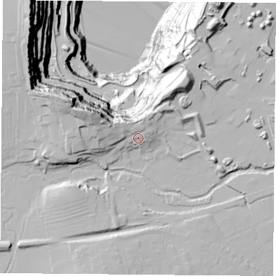 Shaded relief map of the ground around LE93EG, computed from Environment Agency LiDAR. The ground here sits at about 74 m above sea level and falls 143 m across the surrounding 800 m. Surface water reaching this point runs off ground lying to the north-north-west, 4.9 m higher.