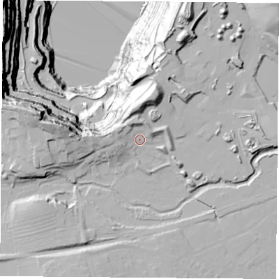 Shaded relief map of the ground around LE93EQ, computed from Environment Agency LiDAR. The ground here sits at about 70 m above sea level and falls 153 m across the surrounding 800 m. Surface water reaching this point runs off ground lying to the west, 9.6 m higher.