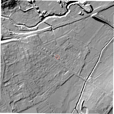 Shaded relief map of the ground around LE93GB, computed from Environment Agency LiDAR. The ground here sits at about 70 m above sea level and falls 13 m across the surrounding 800 m. Surface water reaching this point runs off ground lying to the west-north-west, 2.7 m higher.