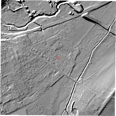 Shaded relief map of the ground around LE93GF, computed from Environment Agency LiDAR. The ground here sits at about 69 m above sea level and falls 12 m across the surrounding 800 m. Surface water reaching this point runs off ground lying to the west-north-west, 3.5 m higher.