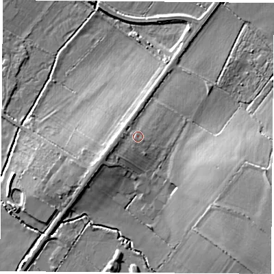 Shaded relief map of the ground around LE93GP, computed from Environment Agency LiDAR. The ground here sits at about 75 m above sea level and falls 16 m across the surrounding 800 m. Surface water reaching this point runs off ground lying to the west-south-west, 1.6 m higher.