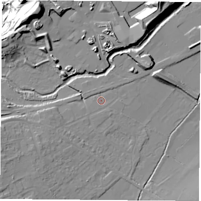Shaded relief map of the ground around LE93GQ, computed from Environment Agency LiDAR. The ground here sits at about 69 m above sea level and falls 130 m across the surrounding 800 m. Surface water reaching this point runs off ground lying to the south-south-west, 1.0 m higher.